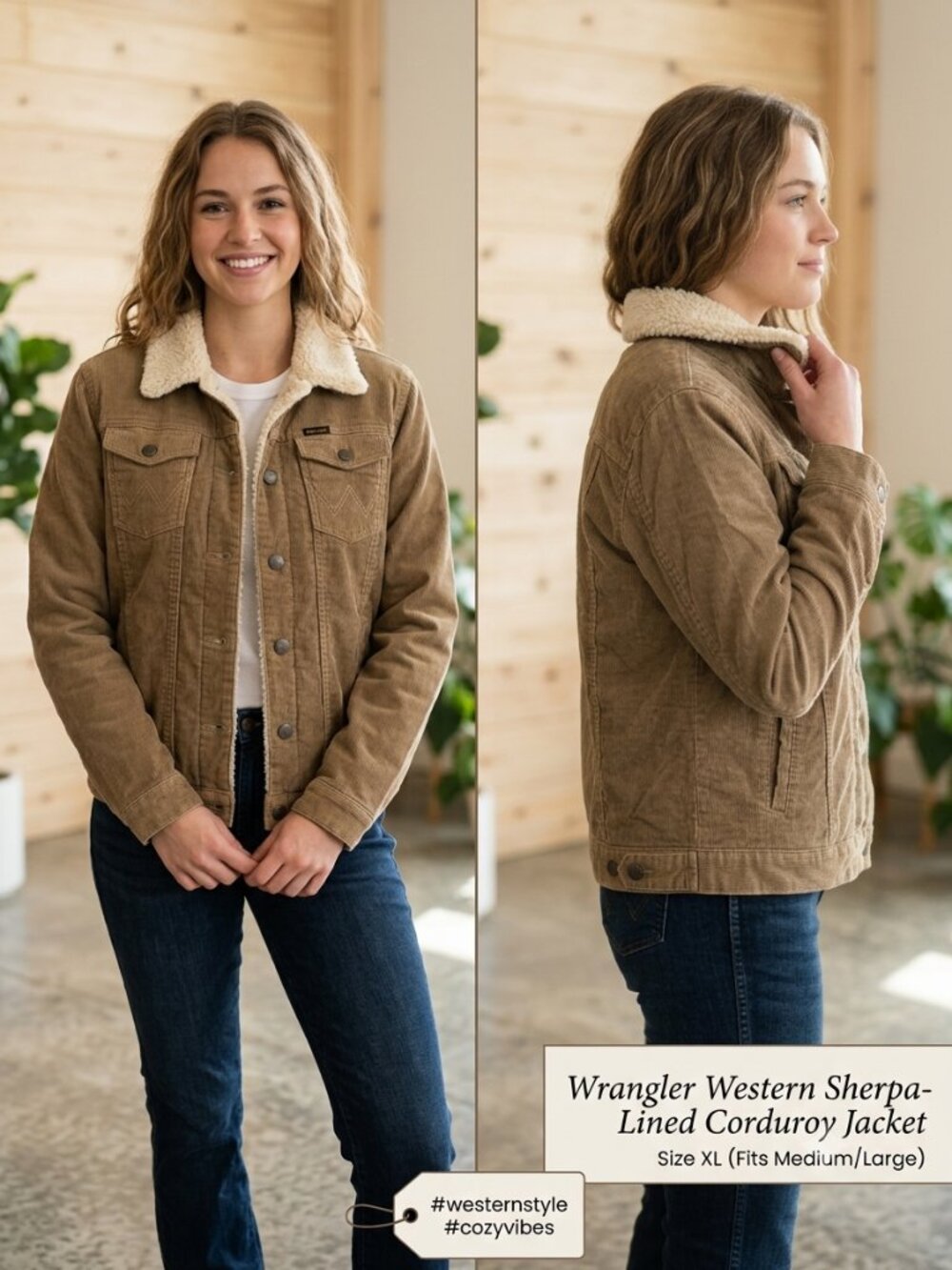 Wrangler Western Corduroy Sherpa-Lined Brown Women's Jacket Size XL Fits Medium